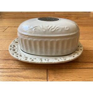 THL White Ceramic Butter Dish with Domed Lid and Pierced Tray Farmhouse Style